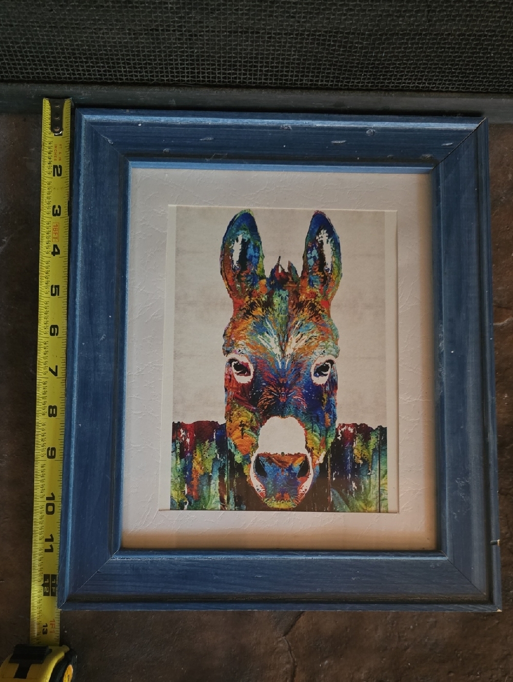 Colorful Donkey Art Print in Blue Wood Frame